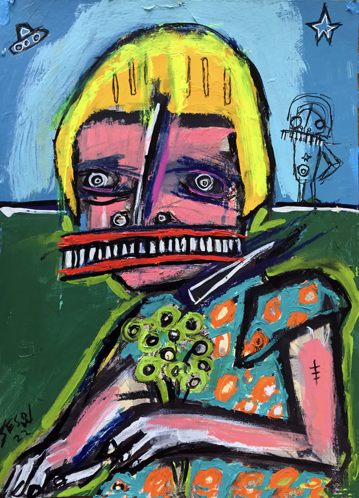 Girl collecting flowers, with spaceman by Matt Sesow, 2022