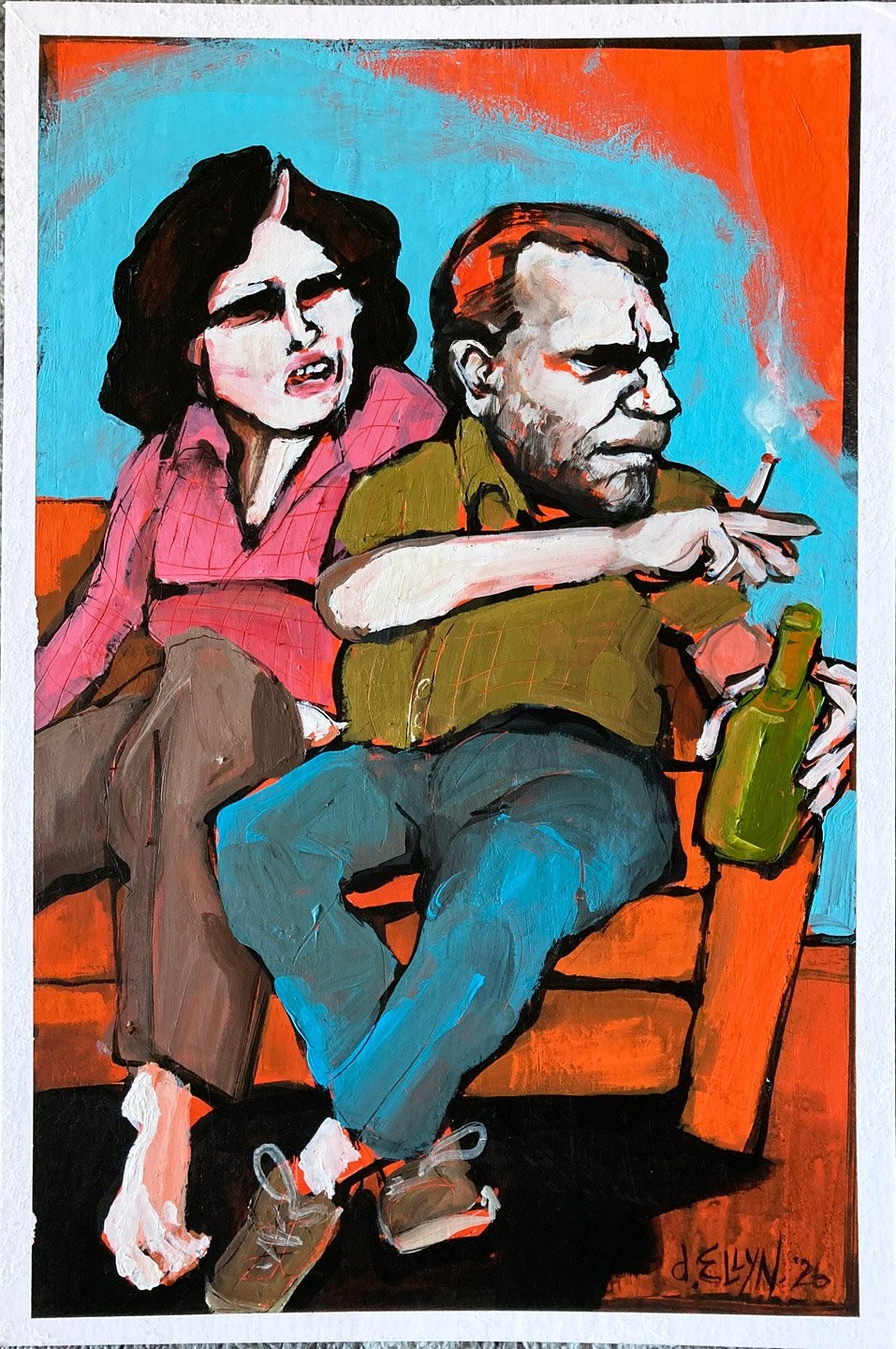 Dana Ellyn painting — a seated couple, a woman in a pink shirt beside a man with a cigarette and a bottle of wine